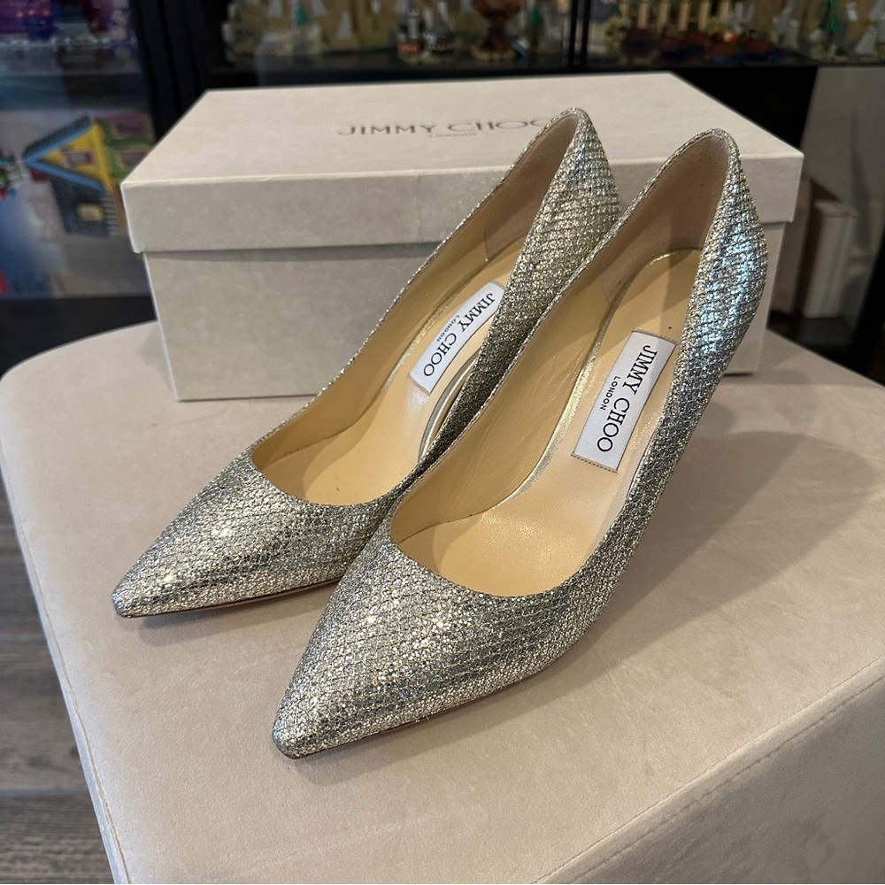 JIMMY CHOO ROMY 85 Champagne Glitter Fabric Pointy Toe Pumps